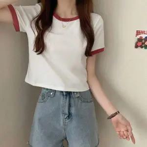 여자 KV99VN55 3컬러 배색라인 포인트 반팔 티셔츠 세미크롭티