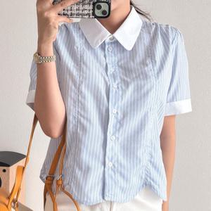 [옷자락]여자 콘트라스트 카라넥 단가라 반소매 물결컷팅 SS 셔츠