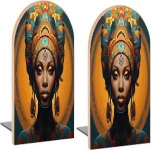 부이덱 북 아프리카 여성 초상 만다라 우드 북엔드 책을 보관할 수 있는 선반용 책 비스키드 스토퍼 장식