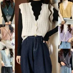 여성 러블리 무드 느낌 브이넥 셔링 여리핏 니트 조끼