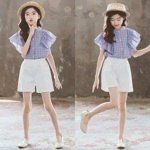 삐삐네옷가게 주니어 여아 여름 상하복 셋 투피스 블라우스 반팔 반바지 프릴 린넨 블루체크 초등학생 데일