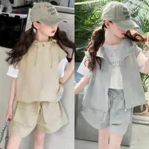 삐삐네옷가게 주니어 여아 여름 상하복 셋 티셔츠 반팔 반바지 조끼세트 투피스 베이직 아웃도어 초등학생