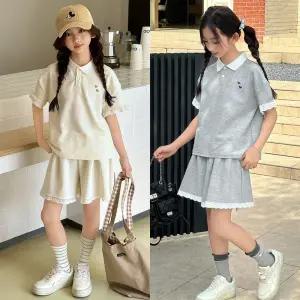 삐삐네옷가게 주니어 여아 여름 상하복 셋 티셔츠 반팔 반바지 프릴소매 투피스 카라 레이스 초등학생 데일