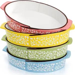 Goaste 4팩 Oval Au Gratin 베이킹 접시 8.5인치 도자기 팬 27온스 개별 카세롤 그릇 로스팅용 이중