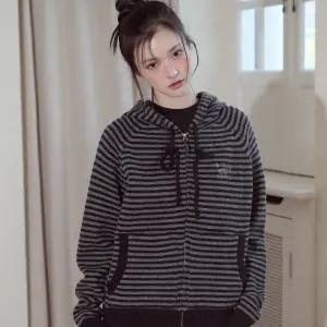 캣 스트라이프 후드 니트 집업 챠콜