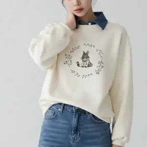 데님카라 레이어드 맨투맨 토끼 프린팅 오버핏 여성 캐주얼 티셔츠