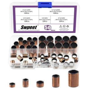 SWPEET 50CS 5가지 사이즈 6MM(보어) 8MM(OD), 8MM(보어) 10MM(OD), 소결 모음 부싱, 12MM(보어) 14MM(OD) 키트, 플레인 오일리스 슬리브 브론즈 랩 베어링