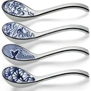 세라믹 아시안 수프 스푼 세트 4개 중국 6.3인치 라면 시리얼 스튜 국수용 일식