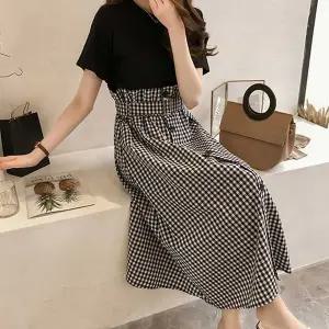 [하프클럽/]여성 반팔 티셔츠 체크 롱 스커트 투피스 세트 꾸안꾸