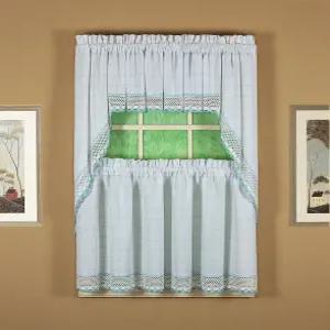 오늘의 커튼 애디론댁 2톤 크로셰 티어 36인치 화이트/블루 60W x 36L