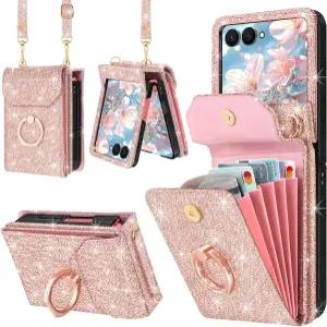 삼성 갤럭시 Z 플립 7 케이스 크로스바디 스탠드 링 홀더 카드 여성용 지갑 5개 충격 스트랩 포함 및 PU