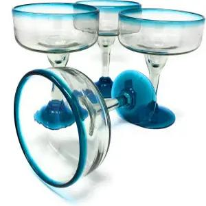 멕시코산 핸드 블로우 유리 아쿠아 블루 림이 포함된 마가리타 유리잔 4개 세트16온스