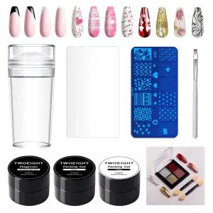 TWOEIGHT 네일 스탬프 젤 8Pcs 프렌치 팁 키트 블랙 화이트 컬러 폴리쉬 탑 코트 템플릿 스크레이퍼 실리콘