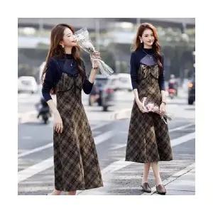 여성 정장세트 빈티지 체크 나시 원피스 추동 긴팔 투피스 슬림핏 세트 스커트 DUCHI4