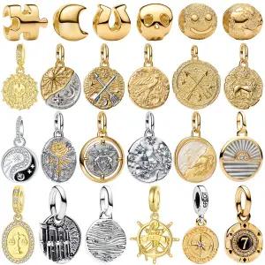 코인 펜던트 참 925 실버 빈티지 라운드 씰 메탈 골든 스컬 컴퍼스 메달 비즈 팔찌 목걸이 부품 고급 주얼