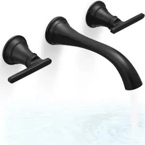 HOIGY 황동 욕조 필러 월 마운트 3홀 농가용 블랙 수도꼭지 고압 2핸들 매트 세트 긴 스파우트 리치 러프인