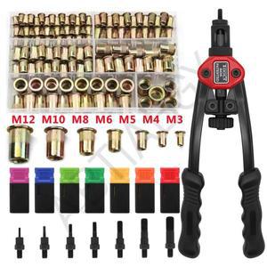 30022090pcs M3 M4 M5 M6 M8 M10 M12 아연 도금 탄소강 플랫 헤드 리벳 너트 및 BT606 수동 리베 터 건