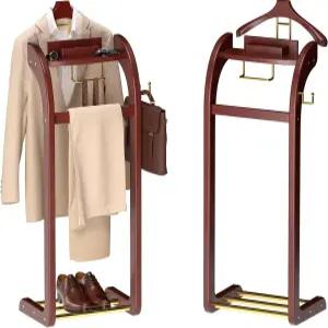 남성용 Dkjdssek 정장 발렛 스탠드 베이스 컨투어 행거 트레이 바지 바 및 타이 바가 있는 우드 남성 침실