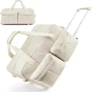 바퀴 달린 가방 스마트 롤링 더플백 여행용 바퀴와 손잡이 젖은 포켓 베이지 42L