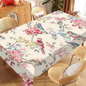 봄새 꽃무늬 테이블보 방수 기름방지 얼룩방지 닦을 수 있는 직사각형