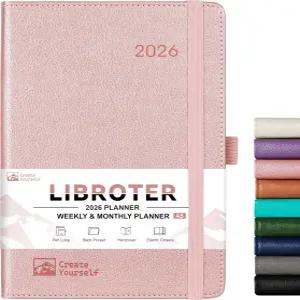 2026 플래너 - 주간 월간 2026년 1월 12월 5.7 x 8.4 두꺼운 종이 가죽 커버 펜 홀더 뒷주머니 북마크