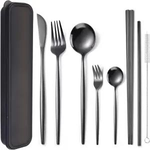 AAARINBOW 8피스 스테인리스 스틸 식기 세트 휴대용 재사용 가능한 여행 도구 젓가락 나이프 포크 스푼