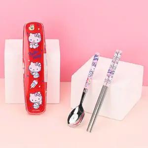 [홈앤키즈]산리오 수저세트 헬로키티 올인원 진공스텐수저 클리어케이스 3P세트 유치원 어린이집 초등학생