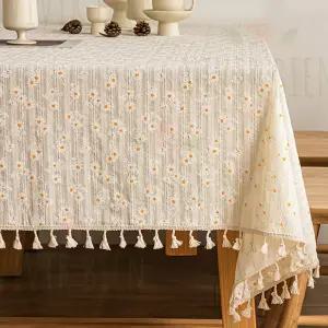코튼 린넨 꽃무늬 태슬 테이블보 방수 대형 식탁보 협탁용 4인용 6인용 테이블 식탁 커버