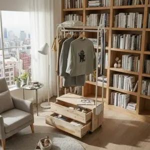 삼나무 2단서랍 800 이동식 선반행거  옷걸이  오픈형  행거  옷봉  드레스룸