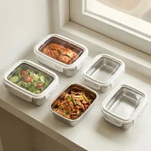 직사각 스텐 밀폐용기 5종세트 / 무연마 스텐 반찬통 김치통 냉장고용기
