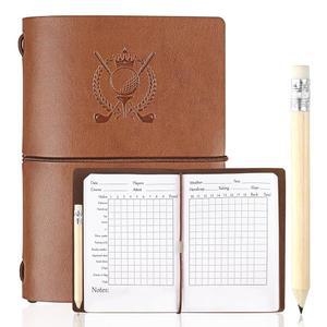 남성 골퍼, 스포츠 및 아웃도어 클럽 액세서리 페이지가 있는 아치레스트 골프 스코어카드 책, 펜슬, 방수 가죽 노트북 로그 저널 홀더