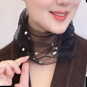 시스루스카프 여성 여름 간절기 진주 망사 넥워머 목가리개 스카프