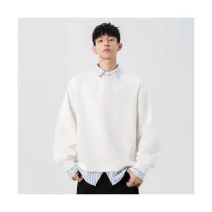 룽나루 남성 맨투맨 가짜 투피스 봄가을 캐주얼 터틀넥 스트라이프 상의 HO3