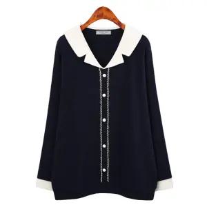 허밍퍼플 여성용 9634 케이트 카라 니트 T 긴팔 티셔츠 단추 포인트 배색 세미 정장 하객룩 오피스 출근룩