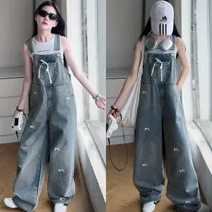 [삐삐네옷가게]여아 리본 포인트 와이드 데님 멜빵