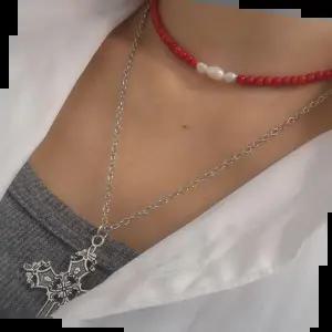 비치목걸이 핸드메이드 레드 산호석 담수진주 초커 작은선물