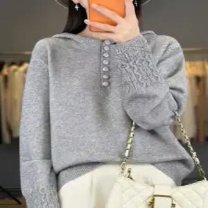 마르소 여성라운드니트티 겨울 후드 니트 캐주얼 꽈배기 소매 스웨터 단추 장식 가을 벨트 힛템