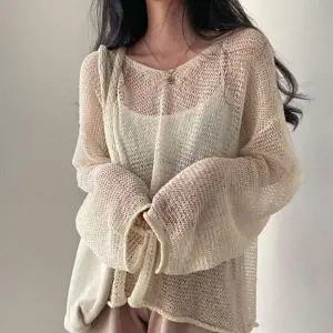 여성 WC87MU24 캐주얼 봄 여름 브이넥 시스루 그물 니트 티셔츠