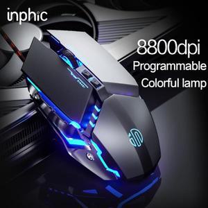INPHIC W2 게임용 마우스 자동 클릭 USB 광 유선 4800DPI 인체 공학적 6 프로그래밍 가능 버튼 RGB 호흡 LE