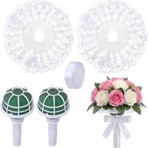 페로셰프 2세트 화이트 레이스 핸들 부케 1인치 들러리 홀더 및 플로럴 리본 신부 신선하고 위한 폼 DIY