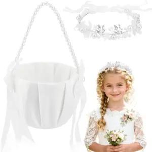 티오스루 화이트 새틴 플라워 걸 바구니와 진주 머리띠 세트 꽃 소녀 결혼식 리셉션 및 파티를 위한 웨딩