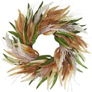 그린 브라운 잎 곡물 귀 밀과 팜파스 잔디가 있는 현관문용 BINFEN 20인치 겨울 가을 화환 보호 추수감사절