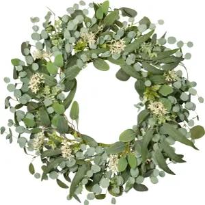 현관문용 wwmira 24인치 그린 유칼립투스 박스우드 화환 흰색 꽃이 있는 봄 여름 실내 야외 농가용 사계절
