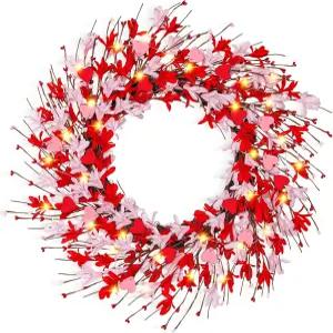 발렌타인 데이 장식 20인치 화환 하트 열매가 달린 인공 조명 핑크 개나리 현관문 가정용 봄 여름 윈도우