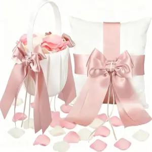 페로셰프 플라워 걸 바구니 2개와 링 베어러 베개 세트 핑크 새틴 보크노트 화이트 보리 웨딩 요정 장식