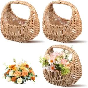 라탄 플라워 걸 바구니 3팩 웨딩 걸을 위한 손잡이 플라스틱 라이너가 달린 작은 하프 문 위커 장식용 달걀