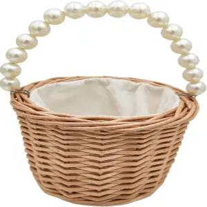 소박한 위커 라탄 웨딩 플라워 걸 바구니 진주 손잡이가 있는 직조 보관 홈 가든 장식용 달걀 캔디 A
