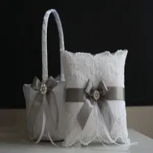 알렉스 감성 화이트 그레이 플라워 걸 바구니 및 링 베어러 베개 세트 레이스 컬렉션 웨딩 홀더