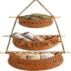Leyoceur 3단 벽걸이 과일 바구니 주방 거실 욕실 침실용 수제 면 걸이식 보헤미안 데코 브라운