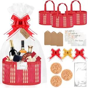 선물용 셀프텍 3팩 바구니 비어 있음 직조 대나무 선물 키트(랩백 기프트 카드 라피아 및 풀 보우 포함)